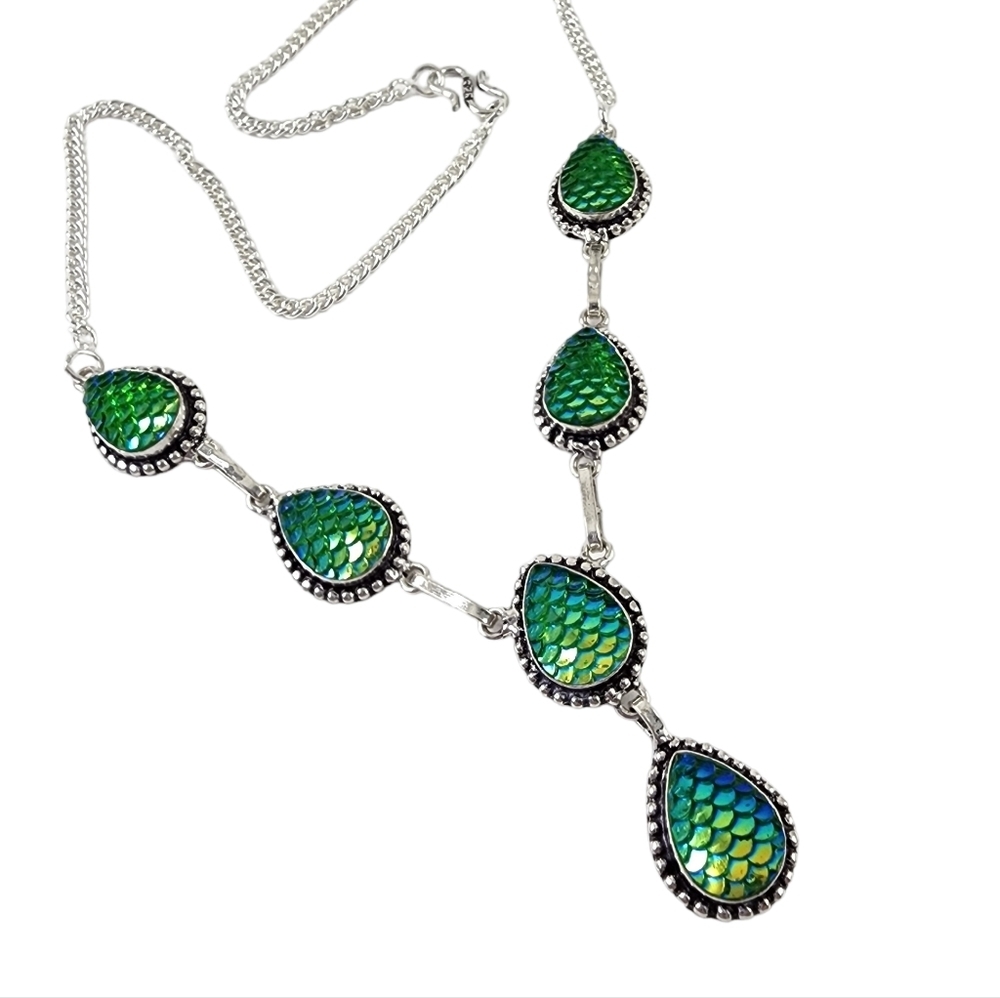 Mermaid necklace green carved titanium set in silver overlay D2